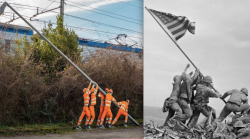 L'alzabandiera di Iwo Jima diventa alza lampione con la street art. L'opera di Zero e il cantiere dello skate 