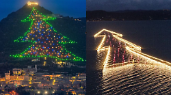 Gli alberi di Natale più suggestivi d’Italia si trovano in Umbria: uno in montagna (il più grande del mondo) e uno sul lago