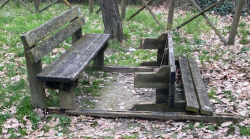 Staccionate rotte e arredi abbandonati al percorso verde
