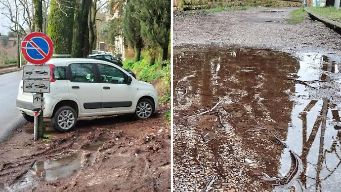 Fango e parcheggi selvaggi: viale Roma a Perugia vietata ai pedoni