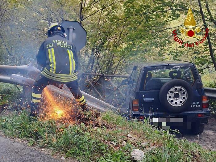Incidente stradale a Terni, auto esce fuori strada e si incastra tra due guardrail