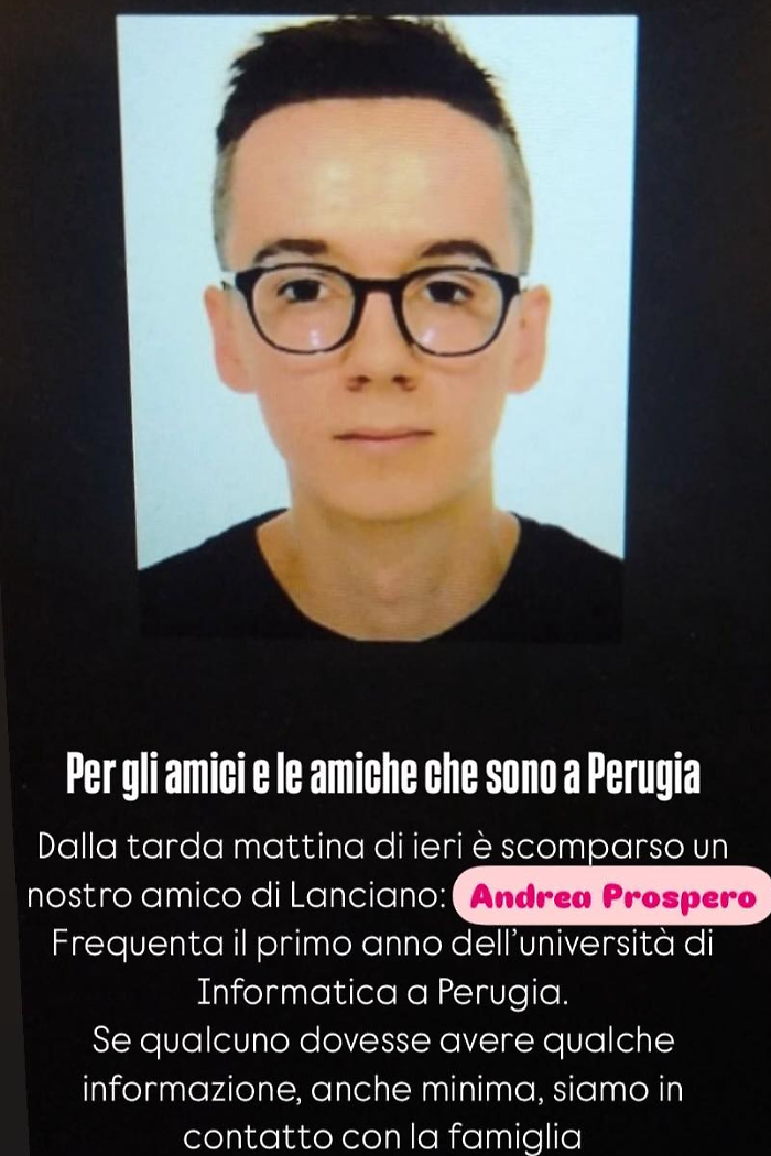 Perugia, Andrea Prospero scomparso: appello per ritrovare il giovane studente di informatica