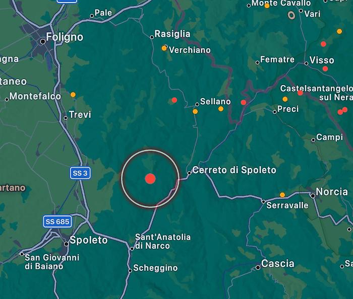 Terremoto, scossa di magnitudo 3.6 con epicentro a Spoleto