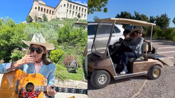 Lucio Corsi, musica e relax ad Assisi con vista Basilica di San Francesco. Poi la corsa in golf car in mezzo all'orto