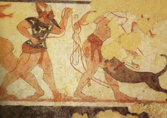 L’affresco nella tomba degli Auguri  a Tarquinia.
