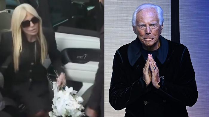 Donatella Versace, fiori bianchi per l’ultimo saluto a Giorgio Armani