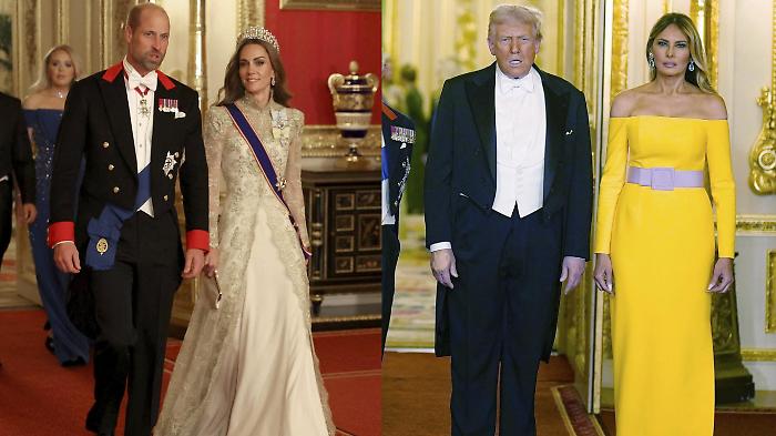 Melania Trump e Kate Middleton, i look della cena di gala a Windsor. Il mistero del "banana dress" e l'abito in oro della principessa