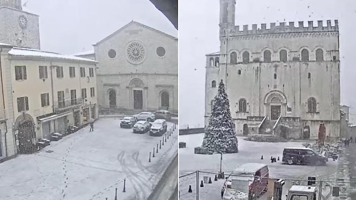 Umbria sotto la neve: imbiancate Gubbio, Gualdo Tadino e Norcia. Attesi fiocchi anche a Perugia
