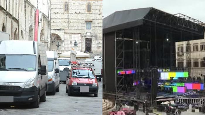 Perugia, le pietre di Corso Vannucci tra camion, furgoni, fiere e palchi